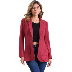 Faux Suede Blazer Lapel Collar One Button Dressy Suit Jacket Red